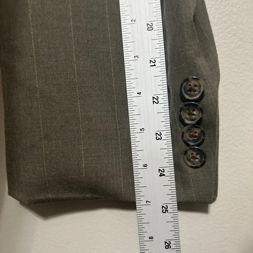 Lands' End Blazer 48R Olive Green Taupe Wool Pinstripe Suit Jacket USA Preppy
